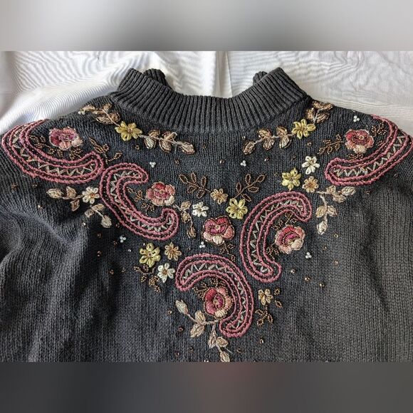 Black Embroidered Beaded Embellished Sweater Ramie Cotton L - Picture 8 of 13